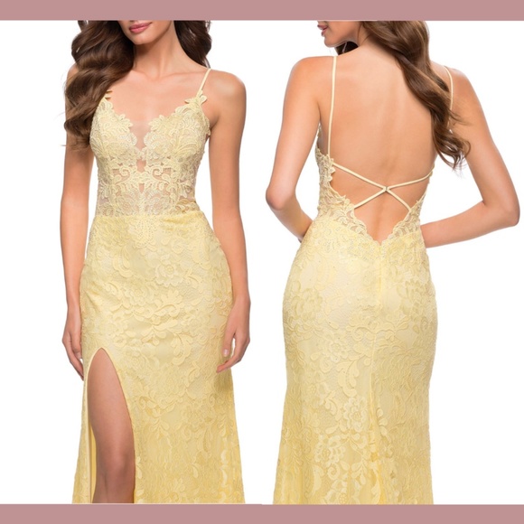 NEW La Femme [ 2 ] Stretch Lace High Slit Gown in Pale Yellow - Picture 2 of 14